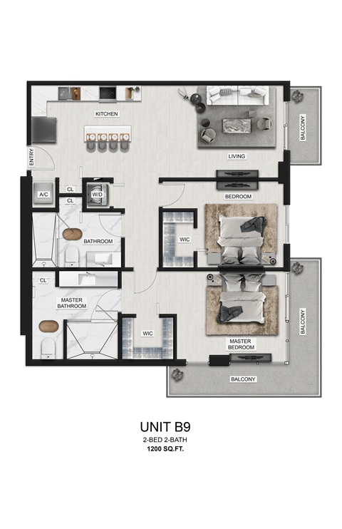 Floor plan for 2 beds, 2 baths, 1200 sqft